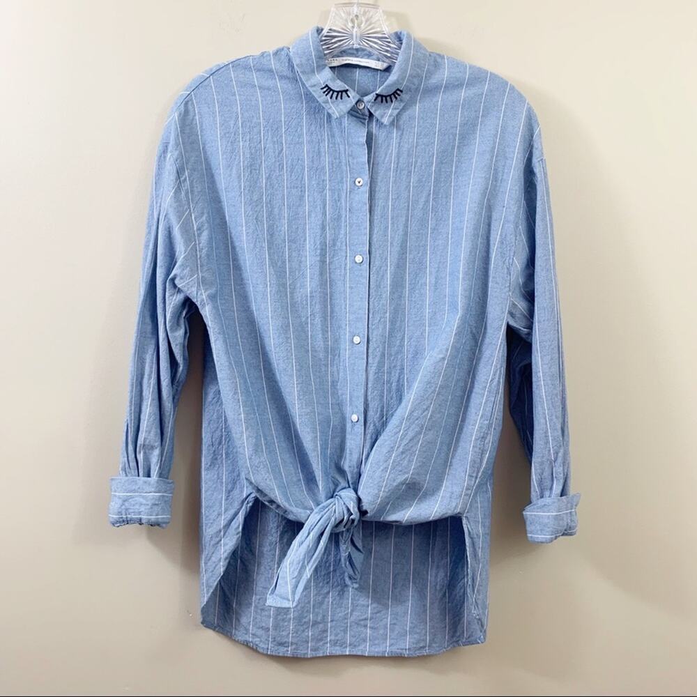 Zara Embroidered Eyelash Striped Button Down Blue/White Long Sleeve Top